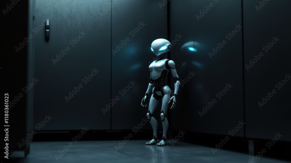 Poster an ai robot standing in a room with surveillance cameras watching its every move, suggesting privacy