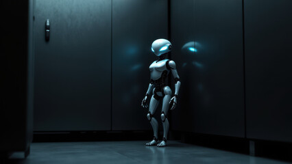 An AI robot standing in a room with surveillance cameras watching its every move, suggesting privacy concerns and undetectable technology.
