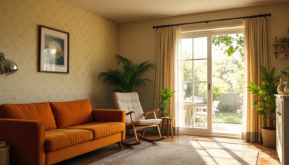 Fototapeta premium Art deco interor living room with a large window, curtains, a sofa, a coffee table, and a record player.