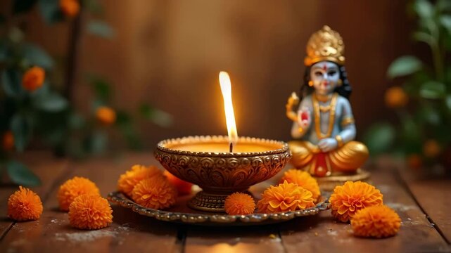 Hindu god Krishna statue with traditional oil lamp and marigold flowers. Religious concept for Diwali, Krishna Janmashtami, Rath Yatra, Govardhan Puja, Holi - Powered by Adobe