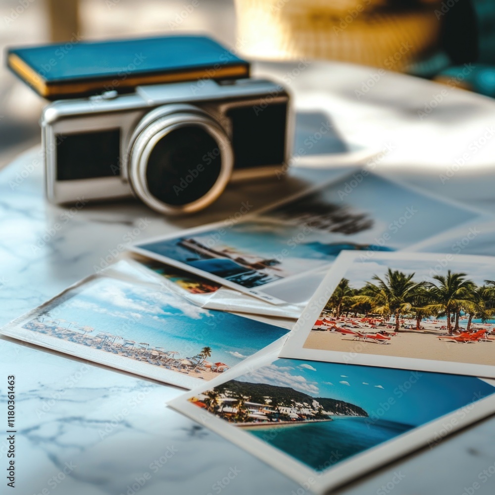 Poster a camera placed next to some photographs on a table
