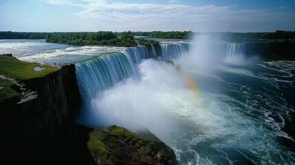 Fototapeta premium Majestic waterfalls cascade powerfully into a misty abyss, with a hint of rainbow hues illuminating their natural grandeur.
