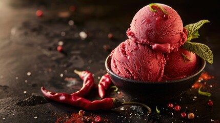 Spicy raspberry ice cream with chili peppers and mint leaves in dark bowl
