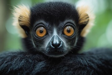 A close-up view of a monkey's face, blurred background