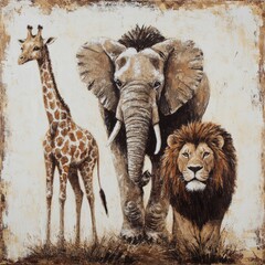 Illustration of giraffe and lion together, suitable for educational or environmental themes