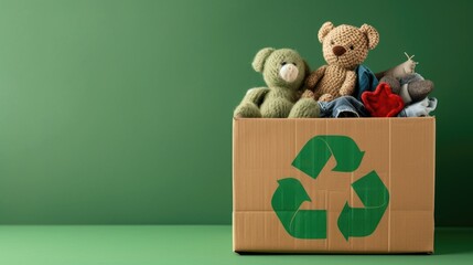 Cardboard box with toys and clothes for donation on green background