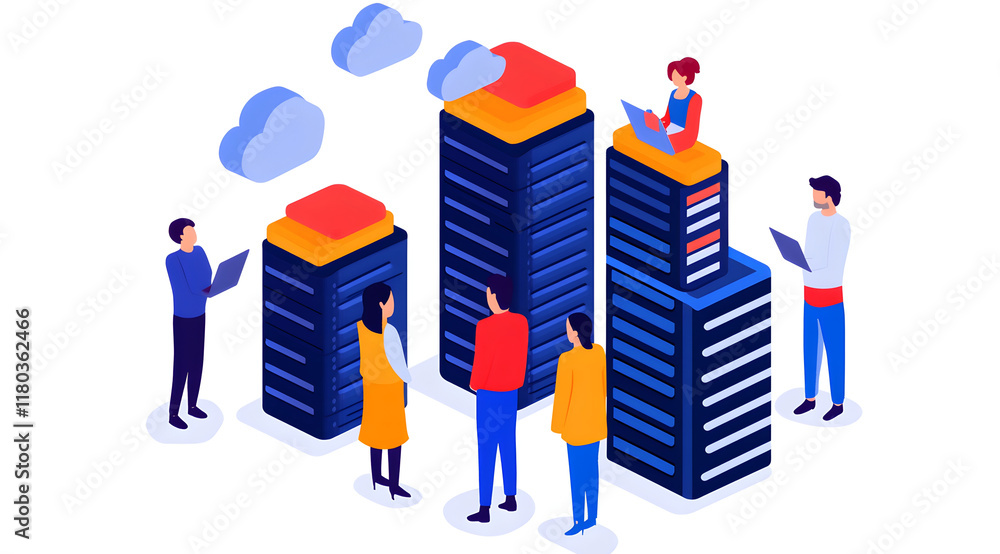 Aufkleber a group of people interact around tall servers, representing teamwork in technology and data managem