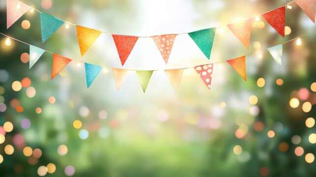 Birthday garden party or Brazilian june party, illustration with garland of lights, party flags, blurred background happy birthday party white background