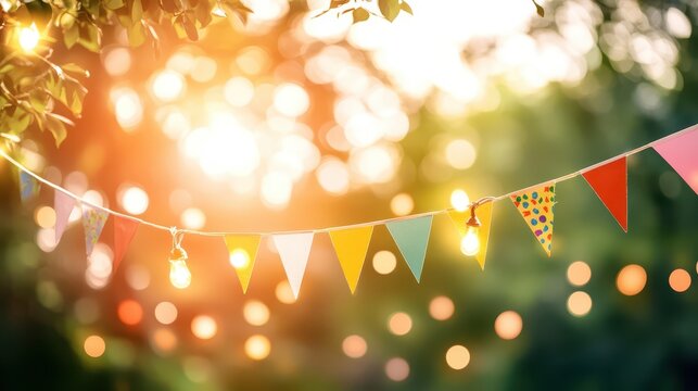 Birthday garden party or Brazilian june party, illustration with garland of lights, party flags, blurred background happy birthday party white background