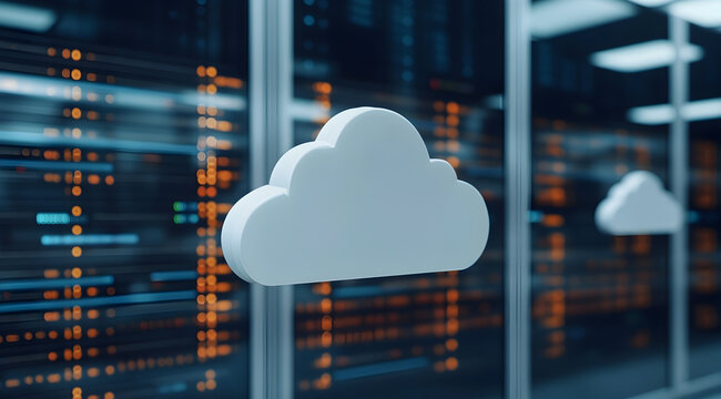 A digital cloud icon in front of server racks, symbolizing cloud computing and data storage technology.