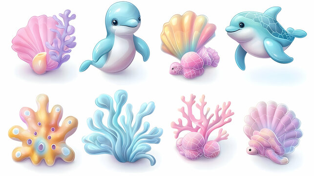 Cute cartoon dolphin and sea creatures set, coral and shell, whimsical illustration, for children's books or digital designs.