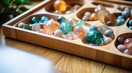 Artistic arrangement of colorful marbles in wooden tray on shiny floor
