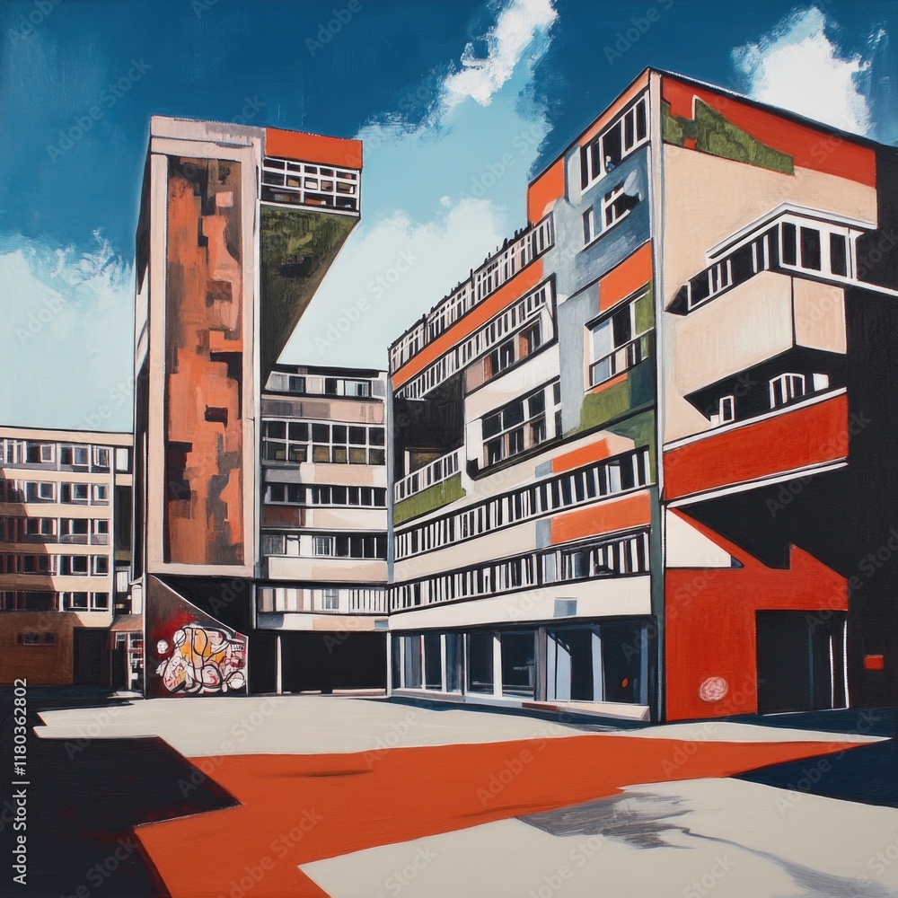 Poster a picture of a building with a blue sky in the background, ideal for use in presentations or marketi
