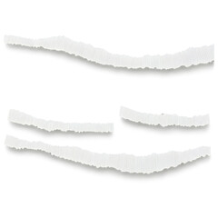 Four irregular white strips with jagged edges lie horizontally on a smooth gray background, creating a minimalist and textured abstract composition.