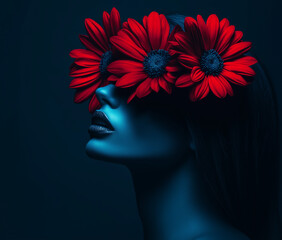A woman from shoulders up, her face adorned with exquisite flowers. Mystical Female Portrait Amidst Dramatic Red Florals.
