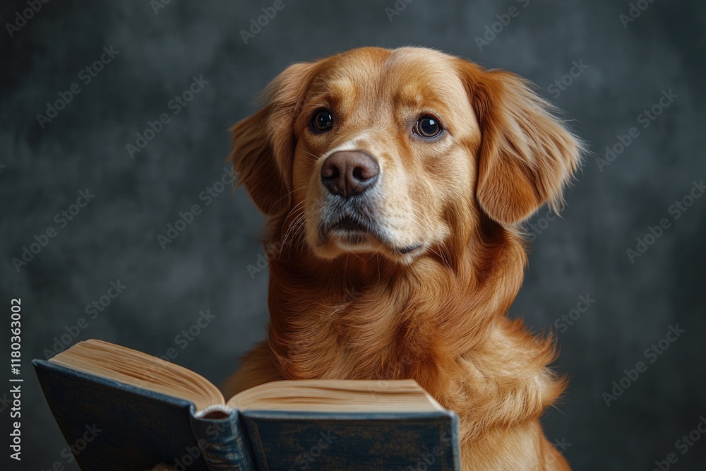 Poster a golden retriever sitting by a book, reading and enjoying quiet time