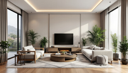 Modern japandi living room with large windows, a flat-screen tv, and a fireplace.
