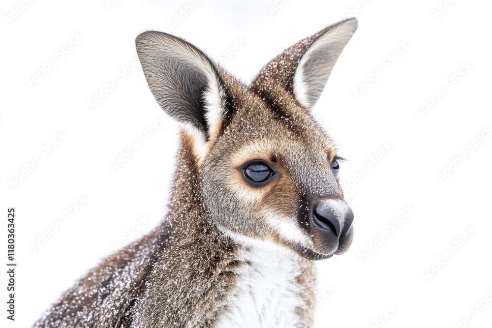 Poster a close-up shot of a kangaroo standing in the snow, with its paws and face visible