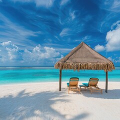 Two people relaxing on the beach, under a natural thatched umbrella