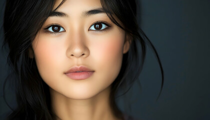 Obraz premium Close-up of a beautiful Asian woman with smooth skin, looking directly at the camera in studio lighting AI Generated