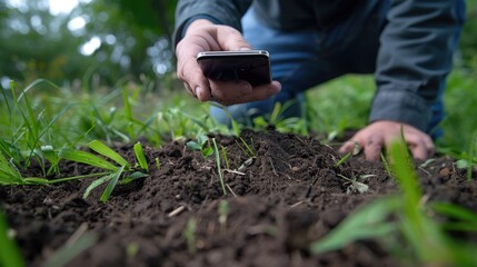 Adult hispanic male using smartphone for plant identification in garden