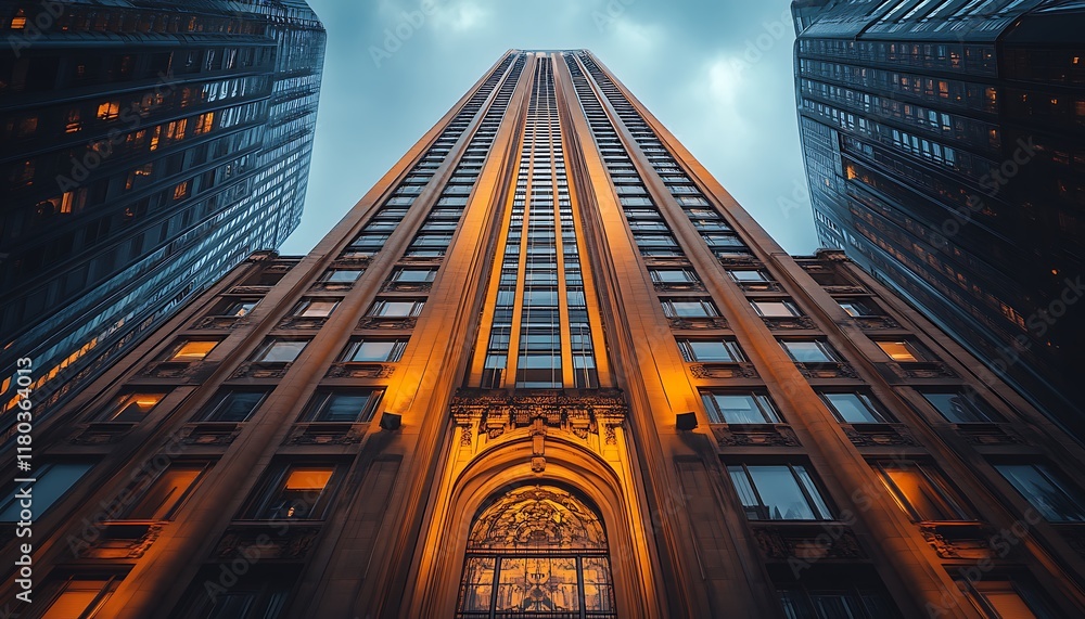 Poster a towering building viewed from below, illuminated against a cloudy sky.