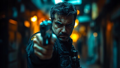 A tense moment featuring a man aiming a gun in a dimly lit alleyway.