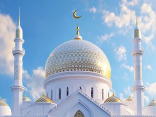 The dome of the mosque is decorated with golden patterns, and there's an empty blue sky background with stars and moon in front of it. There should be some clouds in the night sky. The composition