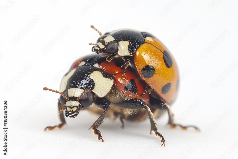 Poster a close-up view of a ladybug sitting on a white surface