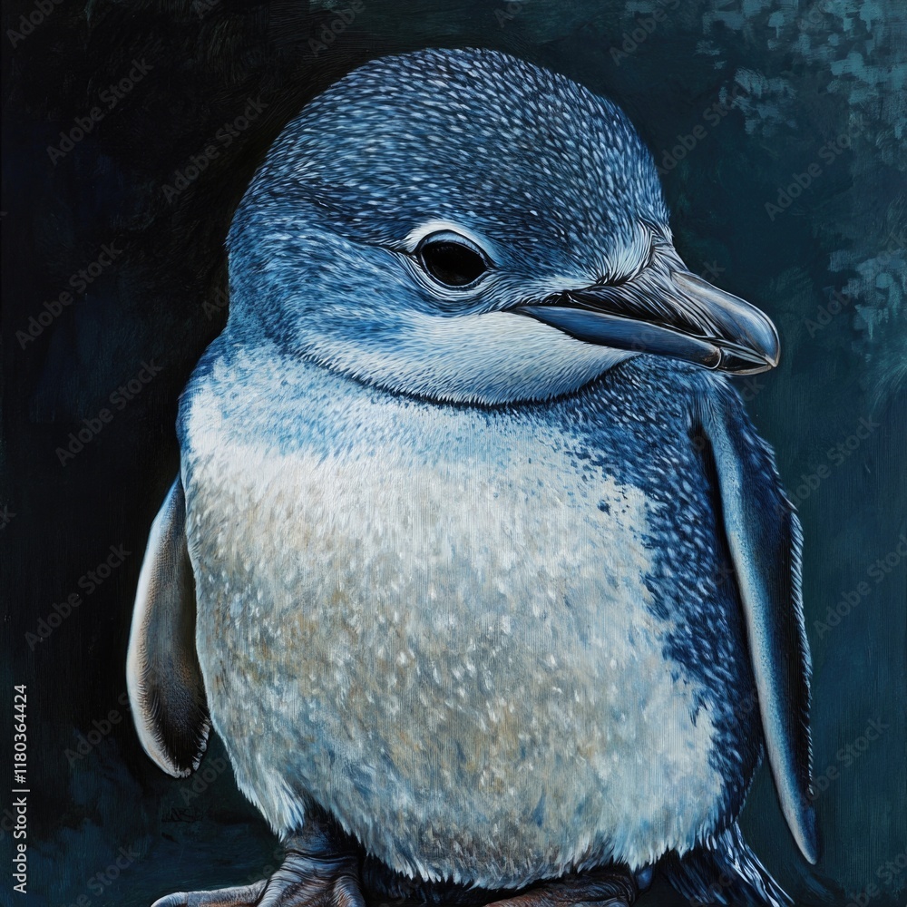 Poster a blue penguin perched on a tree branch, looking out at the viewer