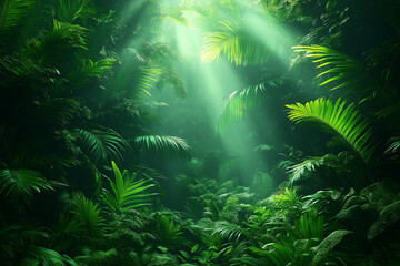 Photo r&eacute;aliste d&rsquo;une for&ecirc;t tropicale luxuriante avec brume et feuillage vibrant