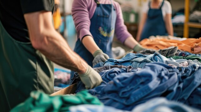 Workers sorting recycled clothing in warehouse. Sustainable lifestyle concept. Reuse outfits. Environmental Protection. Zero waste life, eco-friendly