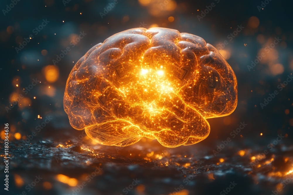 Poster a close-up shot of a glowing brain on a black background, suitable for science and technology-relate