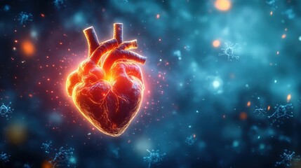 Glowing Human Heart Amidst Viral Particles