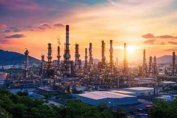 Obraz premium A large industrial facility with a beautiful sunset in the background