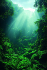 Fototapeta premium Photo réaliste d’une forêt tropicale luxuriante avec brume et feuillage vibrant