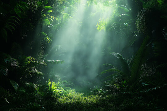 Photo r&eacute;aliste d&rsquo;une for&ecirc;t tropicale luxuriante avec brume et feuillage vibrant