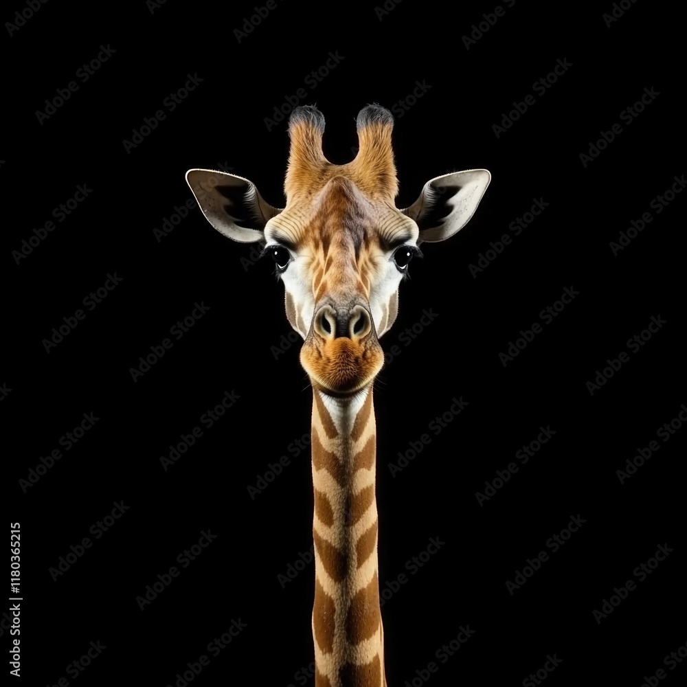 Poster a close-up view of a giraffe's face on a black background