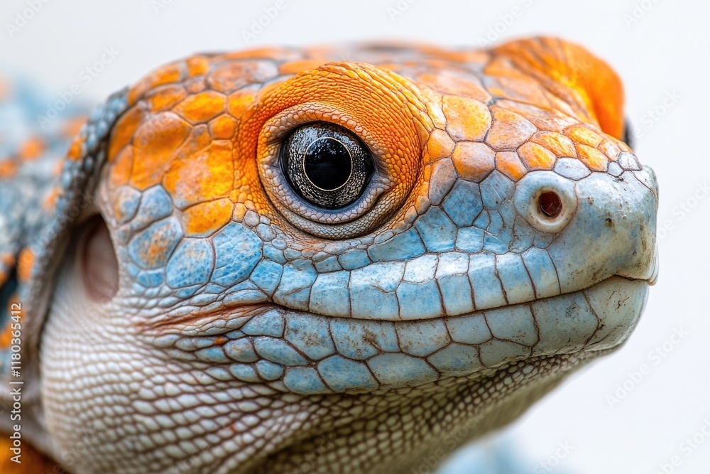 Poster a close-up shot of a lizard's face on a white background, suitable for use in scientific or educatio