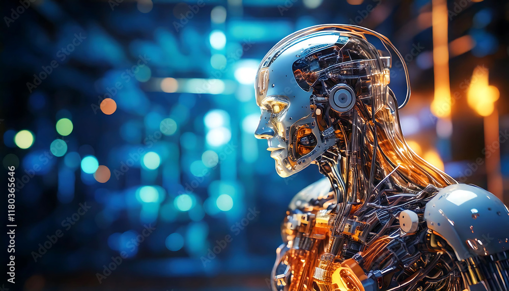 Poster stunning close-up of a futuristic robot, its intricate metallic and translucent design illuminated a