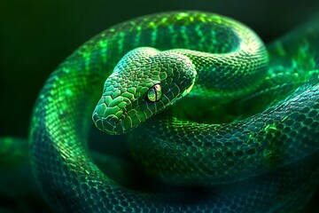 Fototapeta premium Emerald Green Snake: A Close-Up Study in Dark, Lush Detail