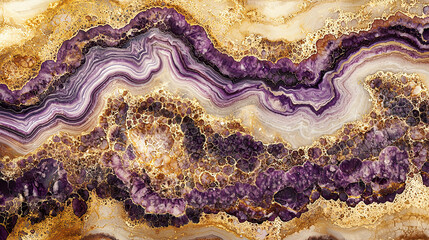 Fototapeta premium Deep purple and gold marbled layers with cosmic-like formations and smooth, organic patterns 