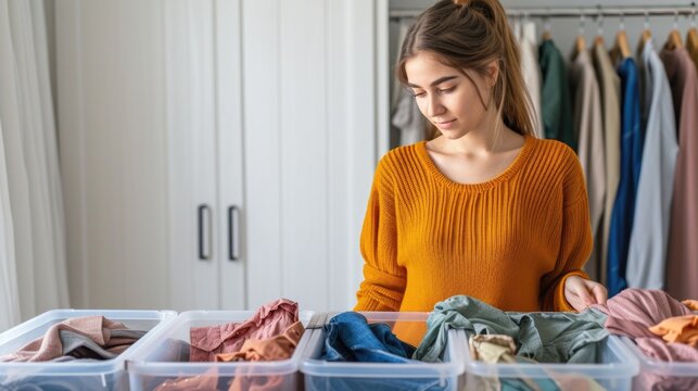 Young caucasian female organizing clothes in wardrobe with storage bins