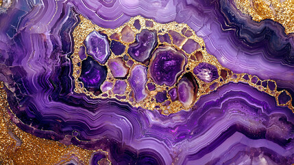 Deep purple agate stone texture with shimmering gold glitter accents, realistic geological...