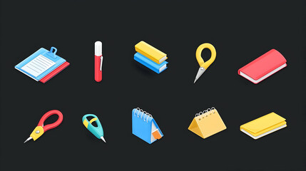 Colorful isometric school supplies icons on dark background.