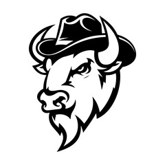Illustration of bison head in monochrome style. Bison head in logo style. Design element for logo, emblem, sign, badge, poster. Vector illustration