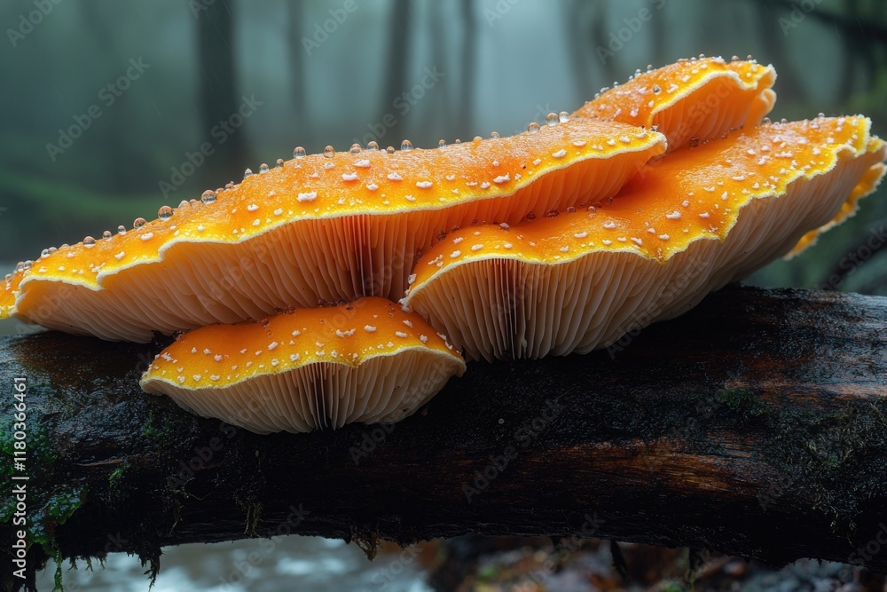 Poster a cluster of mushrooms perched on a tree branch, surrounded by foliage