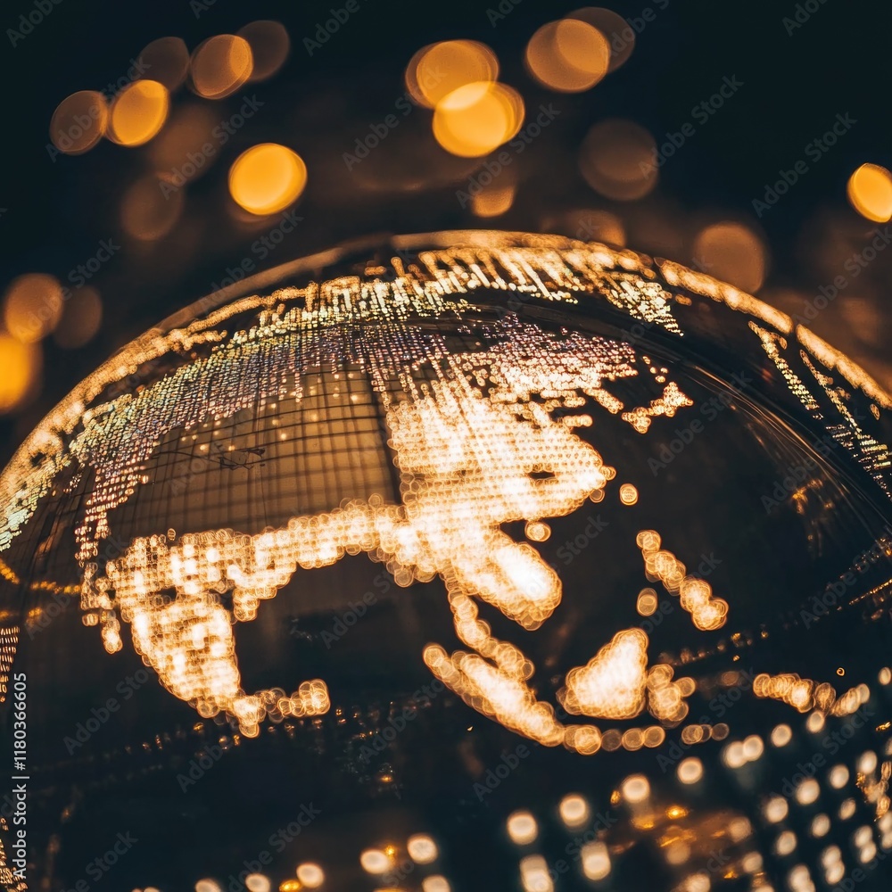 Aufkleber close-up of a globe with city lights shining bright in the background, ideal for use in presentation