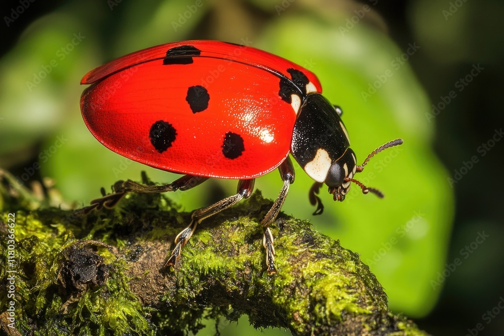 Poster a ladybug sits on the tip of a moss-covered branch, surrounded by greenery