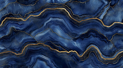 Deep indigo and sapphire waves blend into lighter ocean blues, with golden accents tracing the...